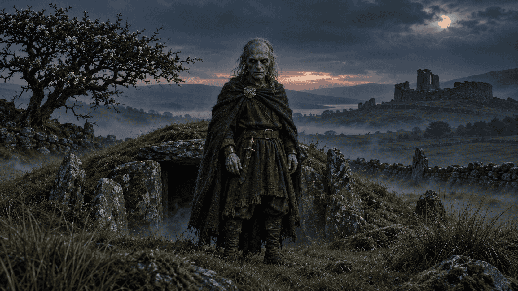 A gaunt undead chieftain standing beside an ancient stone grave in a misty Irish landscape at night.
