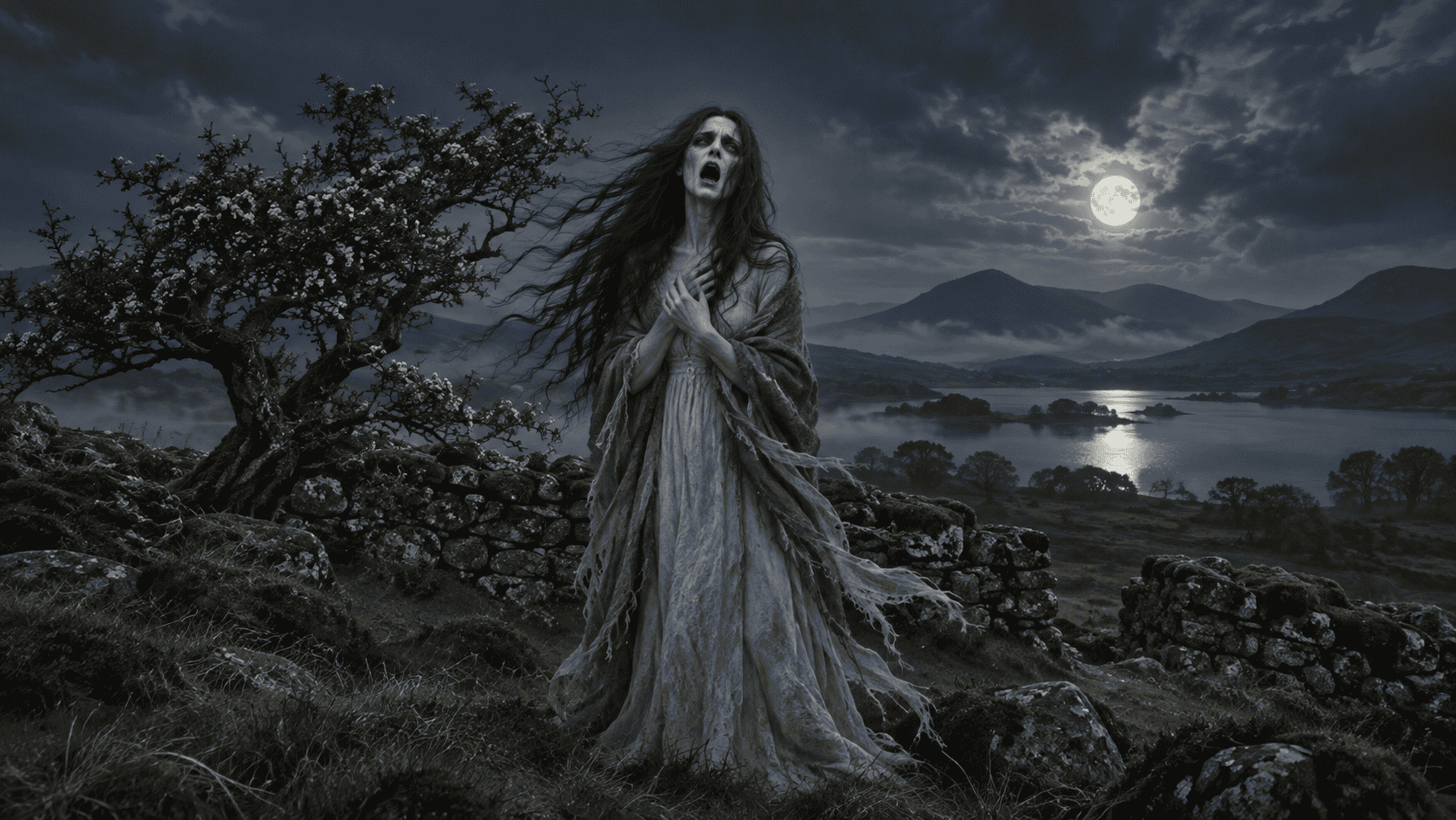A wailing banshee in a tattered pale dress standing beside a stone wall in a moonlit Irish landscape.