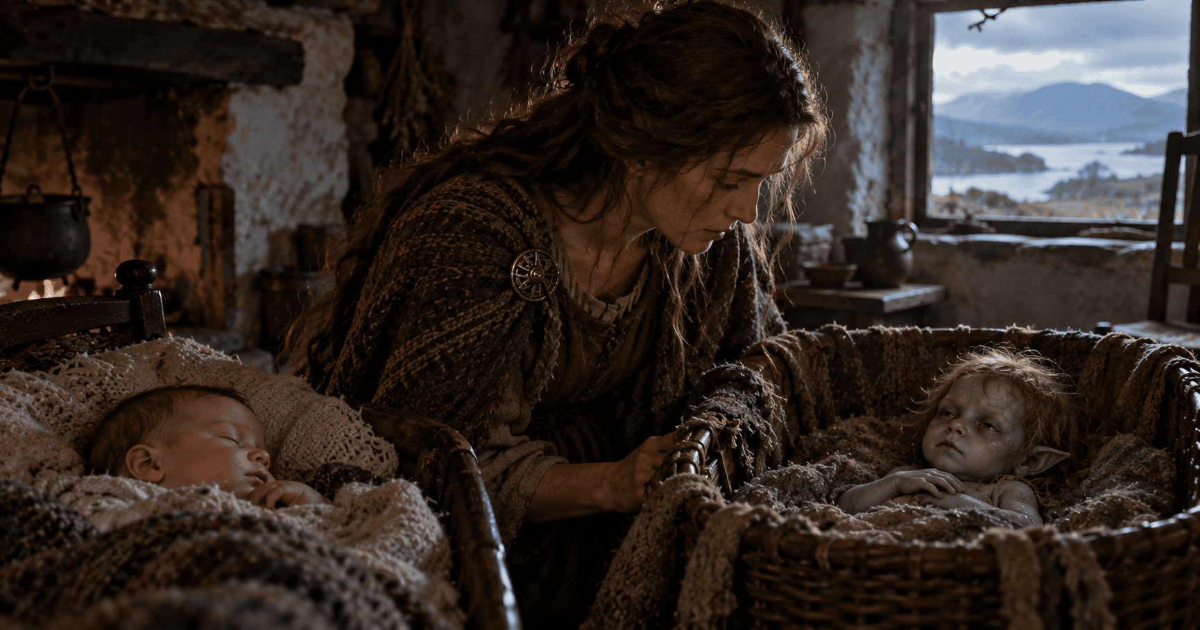 A worried woman looking between a sleeping baby and an uncanny changeling child in a rustic Irish cottage.