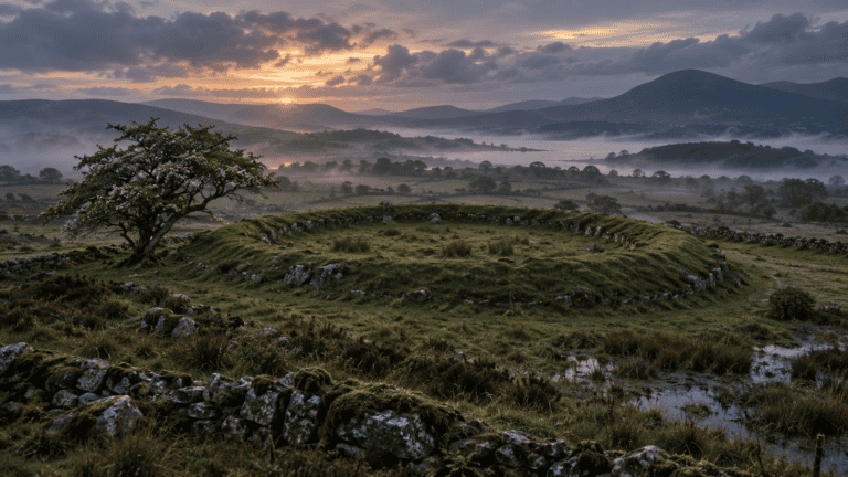 An ancient circular ringfort surrounded by stone walls and mist in the Irish countryside at sunrise.