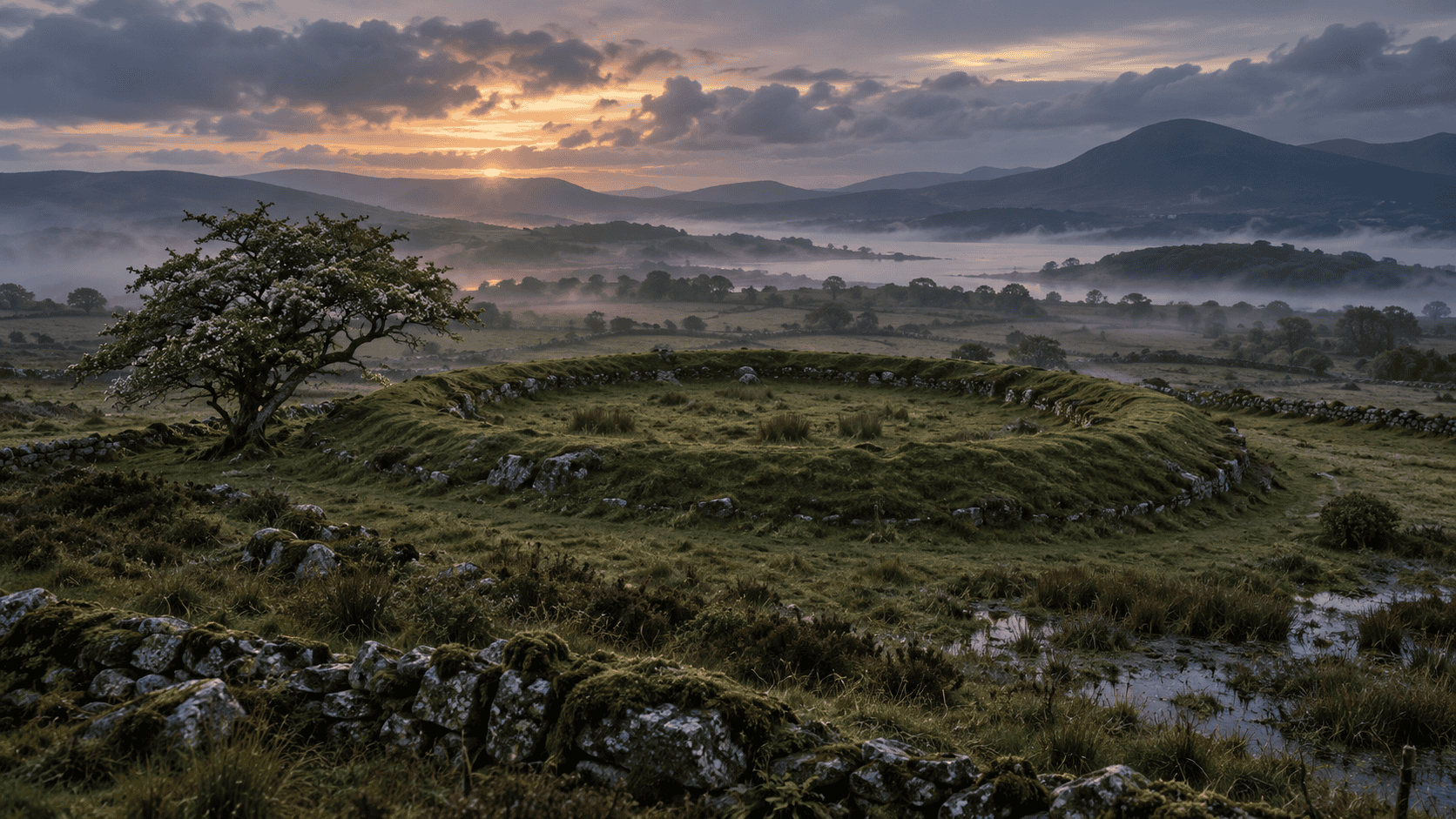 An ancient circular ringfort surrounded by stone walls and mist in the Irish countryside at sunrise.