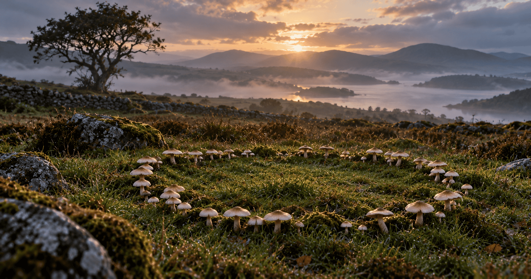 A circular ring of mushrooms growing in a damp Irish field at sunrise.