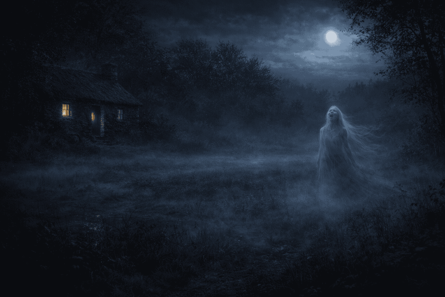 Distant banshee figure crying at night in Irish countryside symbolizing death omen