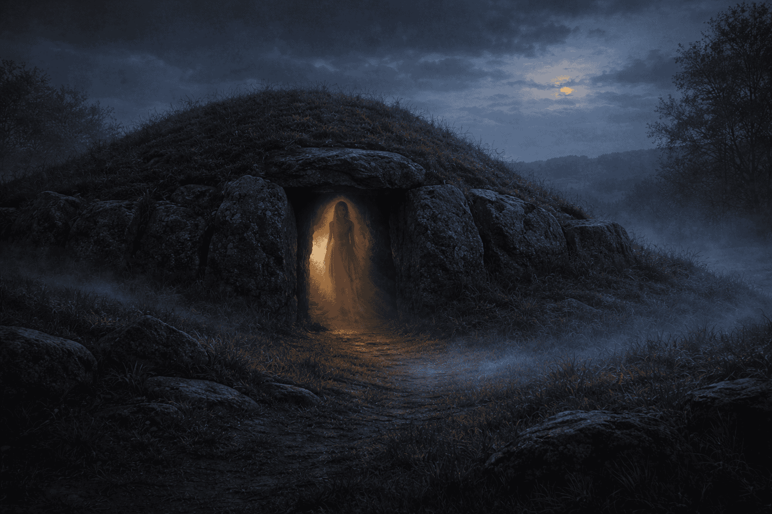 Ancient Irish burial mound with banshee figure symbolizing origins of the legend