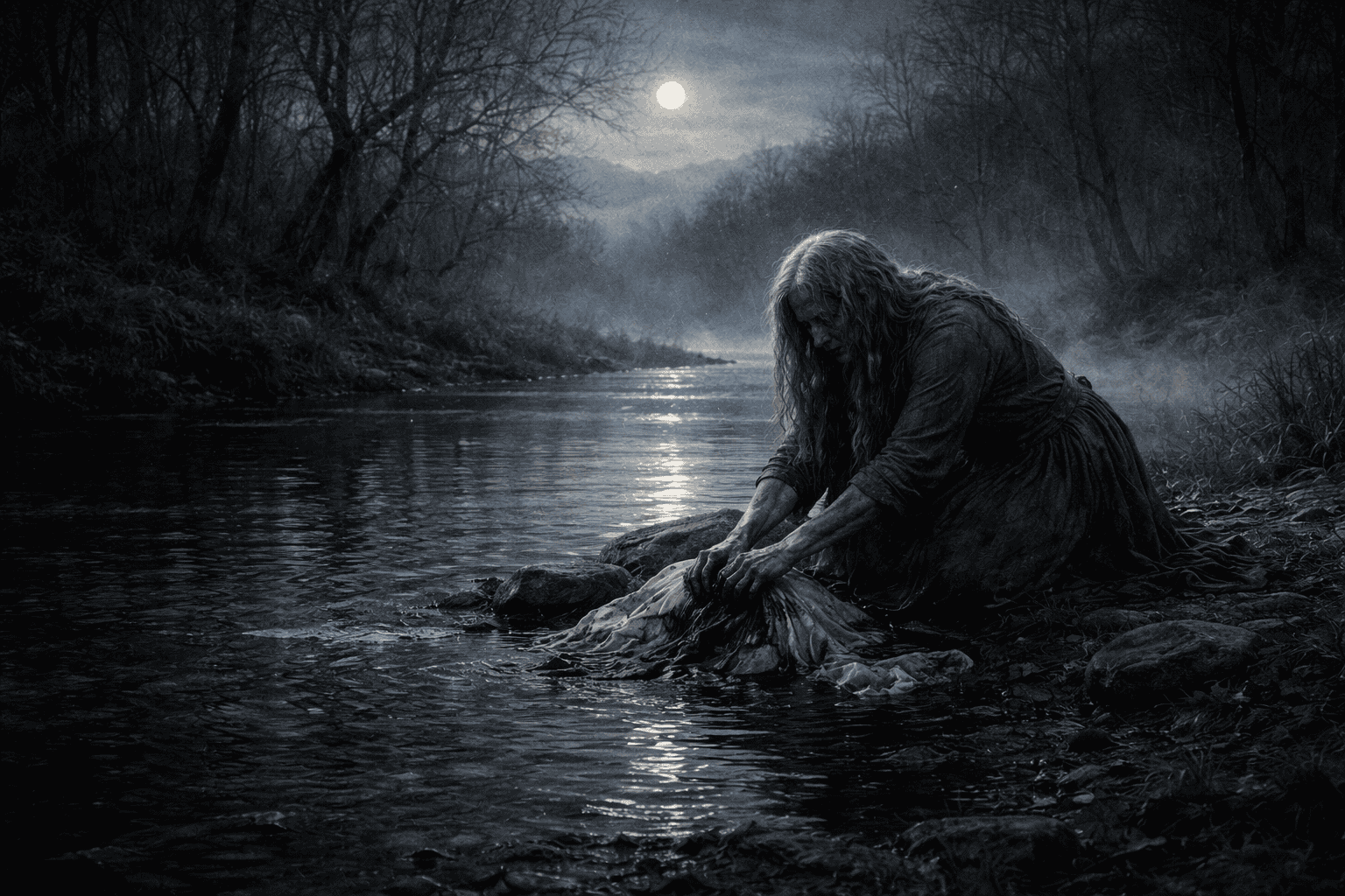 Eerie washerwoman kneeling by a river washing bloodstained clothes in a misty Irish landscape at dusk.