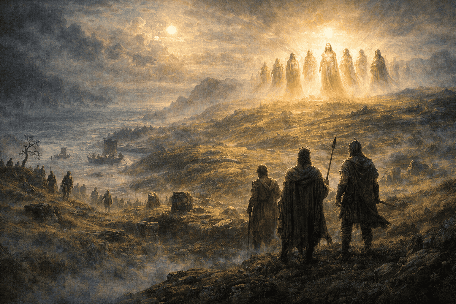 Mythological Irish landscape showing ancient settlers, Tuatha Dé Danann, and Milesians across different eras.