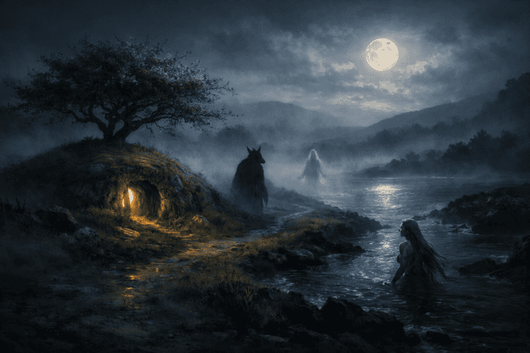 Irish folklore creatures gathered across a misty landscape at twilight including fairy mound, sea spirit, and ominous supernatural figures.