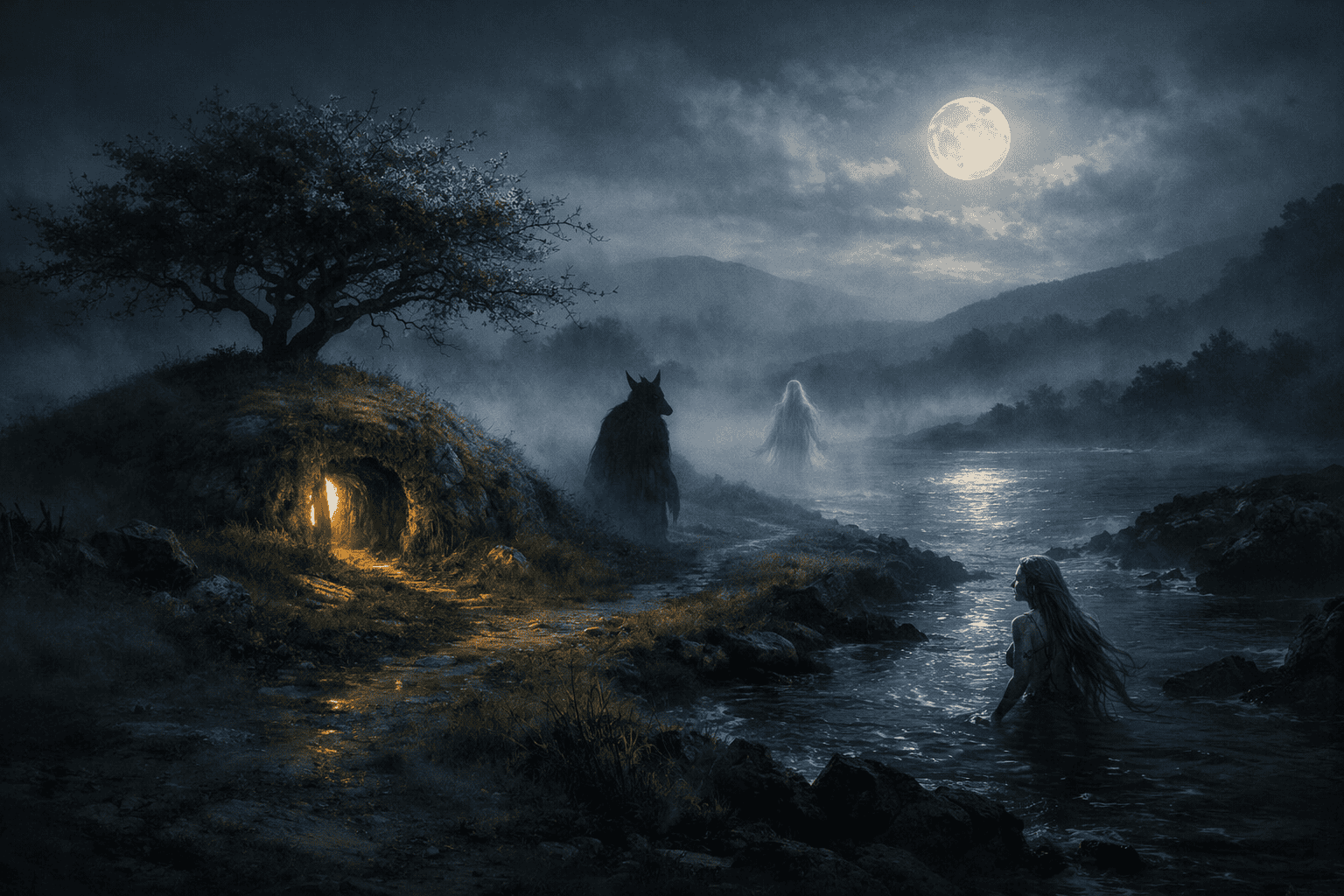 Irish folklore creatures gathered across a misty landscape at twilight including fairy mound, sea spirit, and ominous supernatural figures.