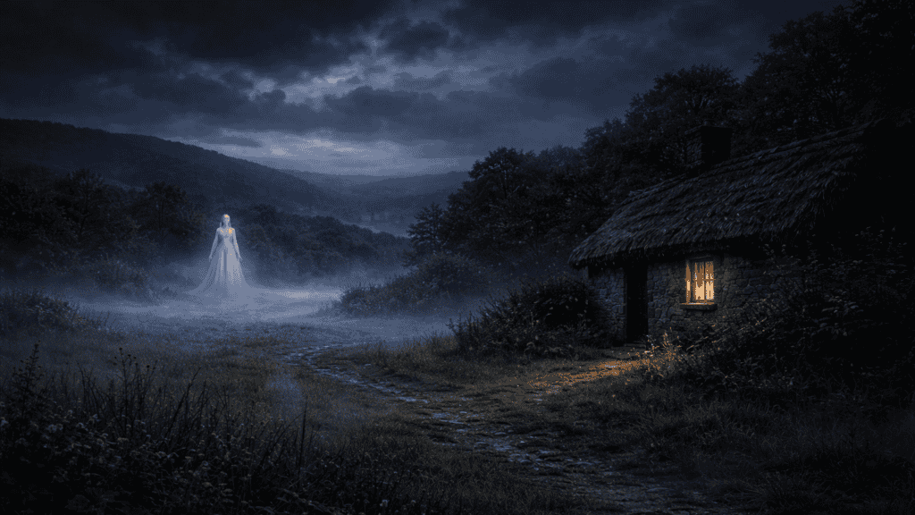 Faint banshee figure in misty Irish countryside at night near a dimly lit cottage, symbolizing death omens in folklore.