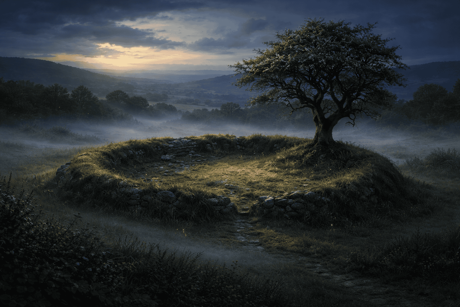 Ancient Irish fairy fort with a lone hawthorn tree at twilight, surrounded by mist and quiet countryside.