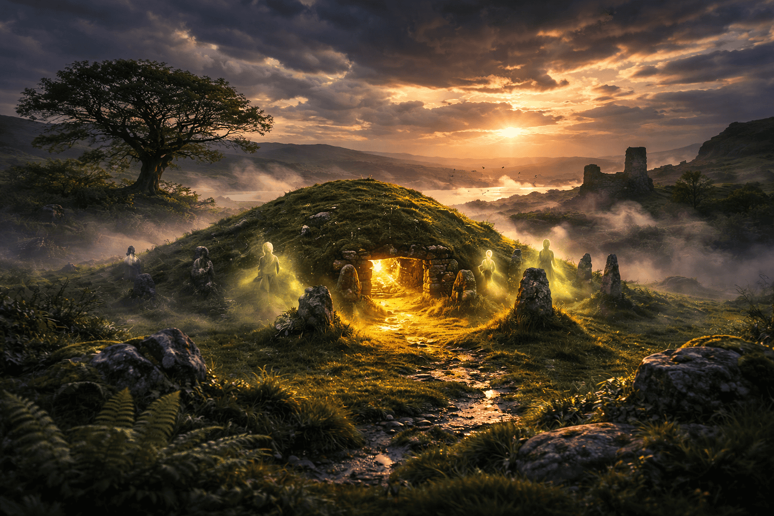 Mysterious Irish fairy mound with glowing light and figures representing the Aos Sí