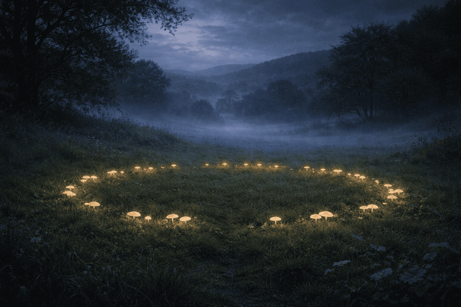 Glowing fairy ring in Irish meadow at twilight representing folklore and warning