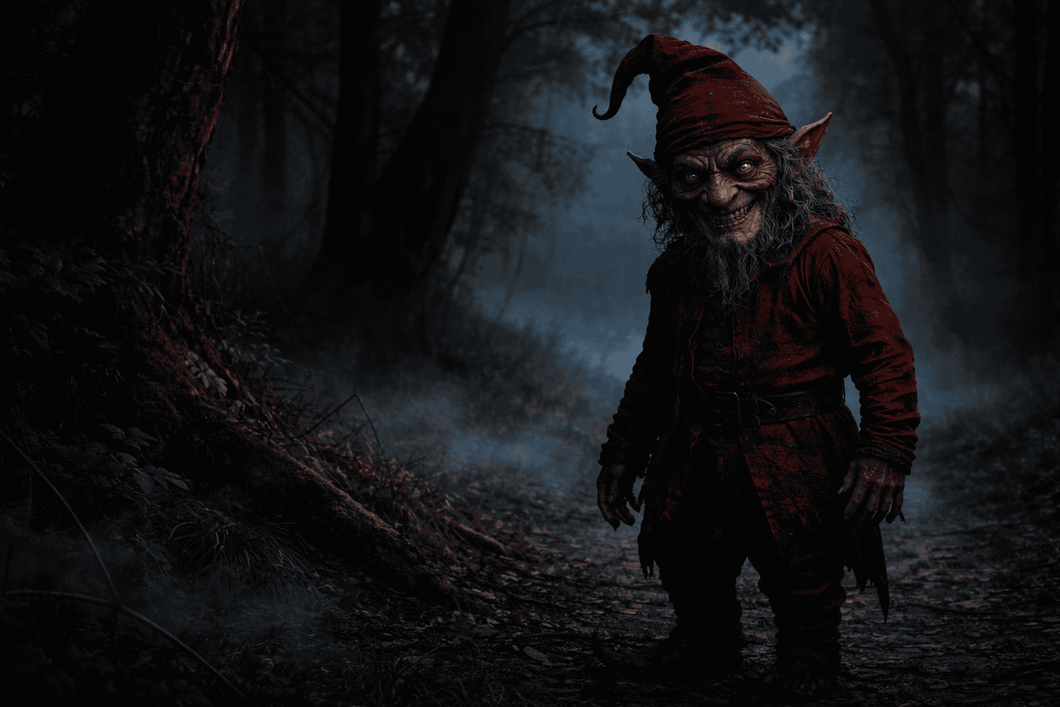 The Far Darrig, a small red-clad fairy, standing at the edge of a dark forest with a disturbing grin.