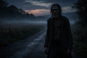 The Fear Gorta as a starving man standing on a lonely Irish road at dusk.