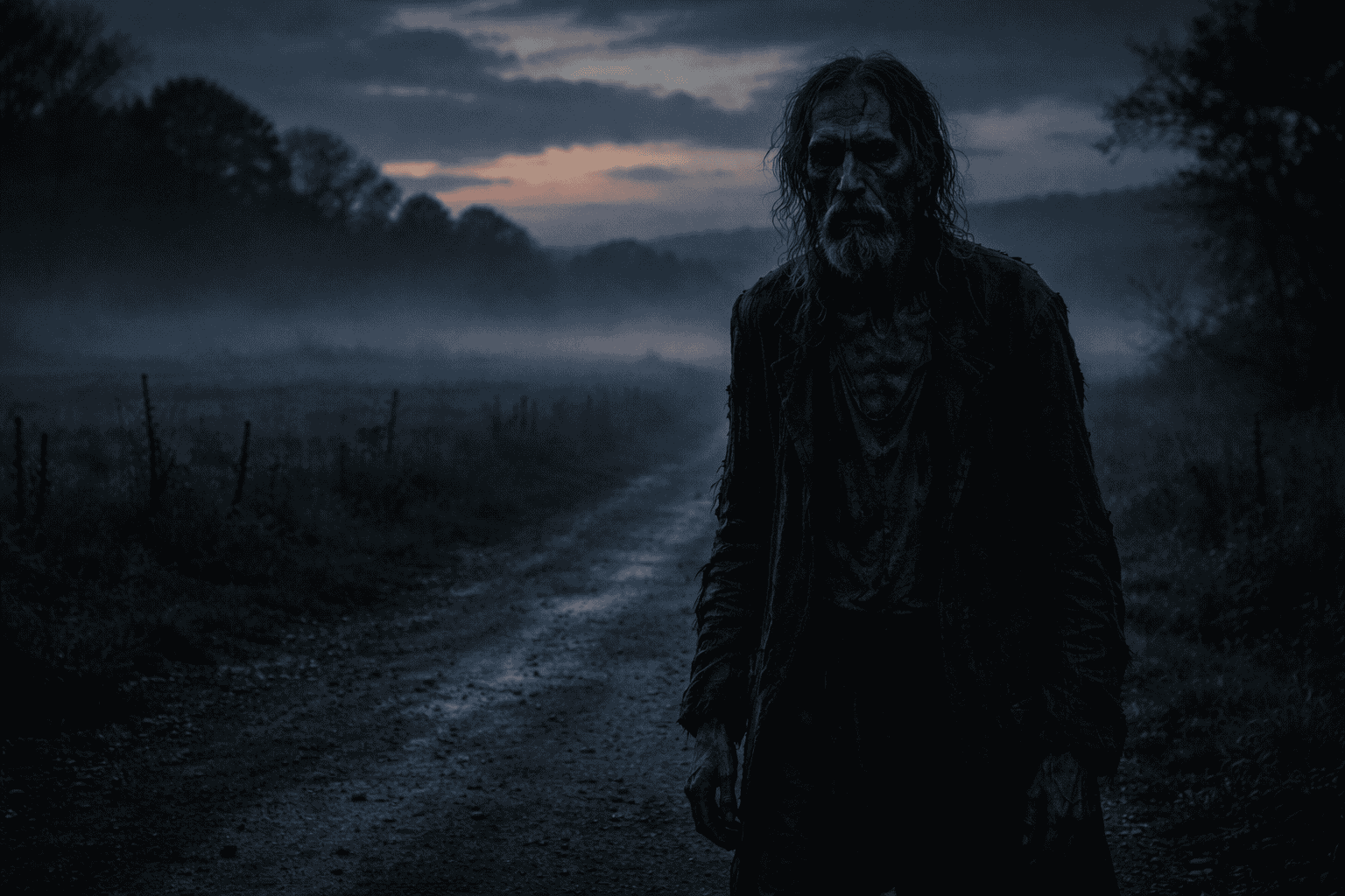 The Fear Gorta as a starving man standing on a lonely Irish road at dusk.