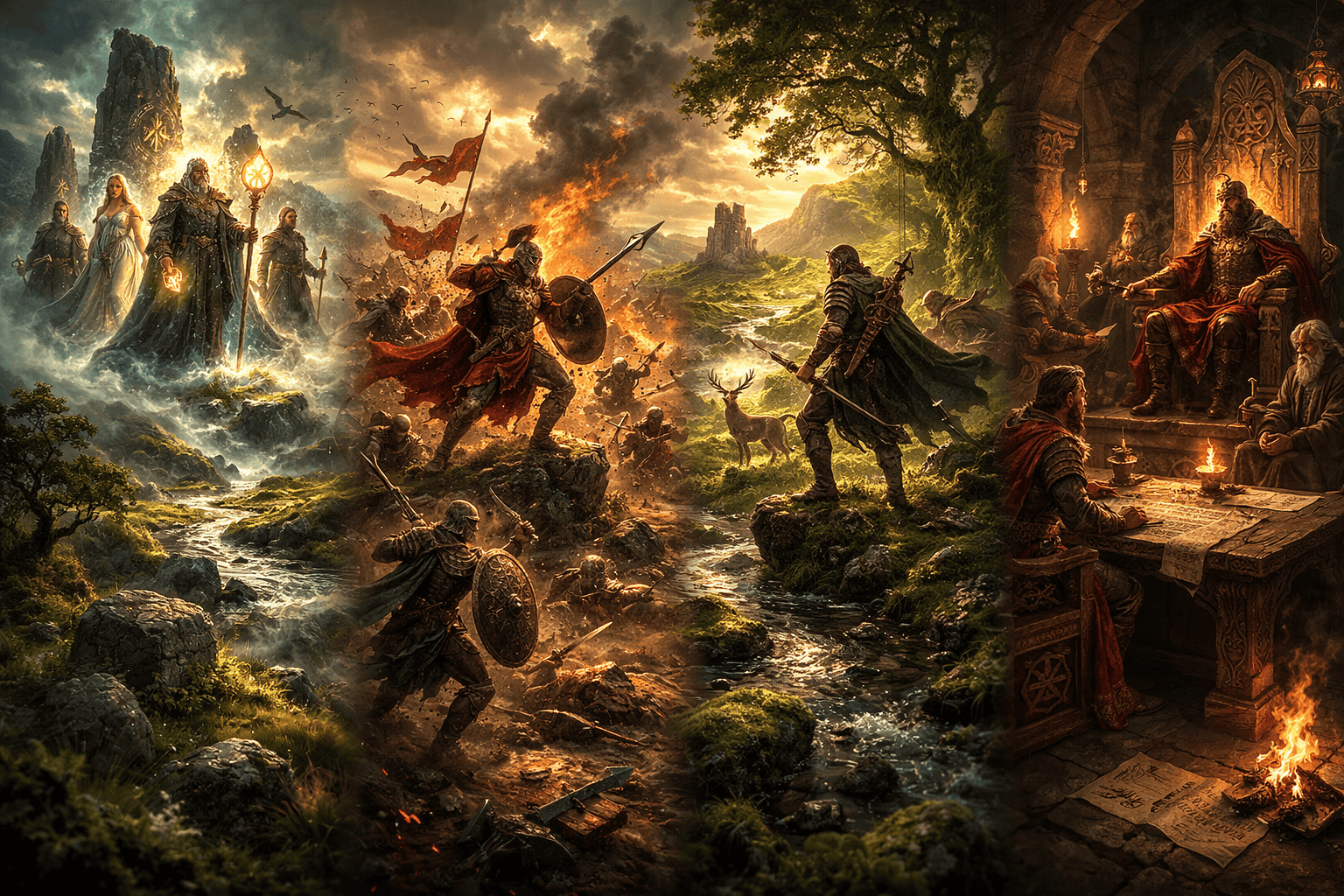 Four Irish mythological cycles represented across one landscape scene