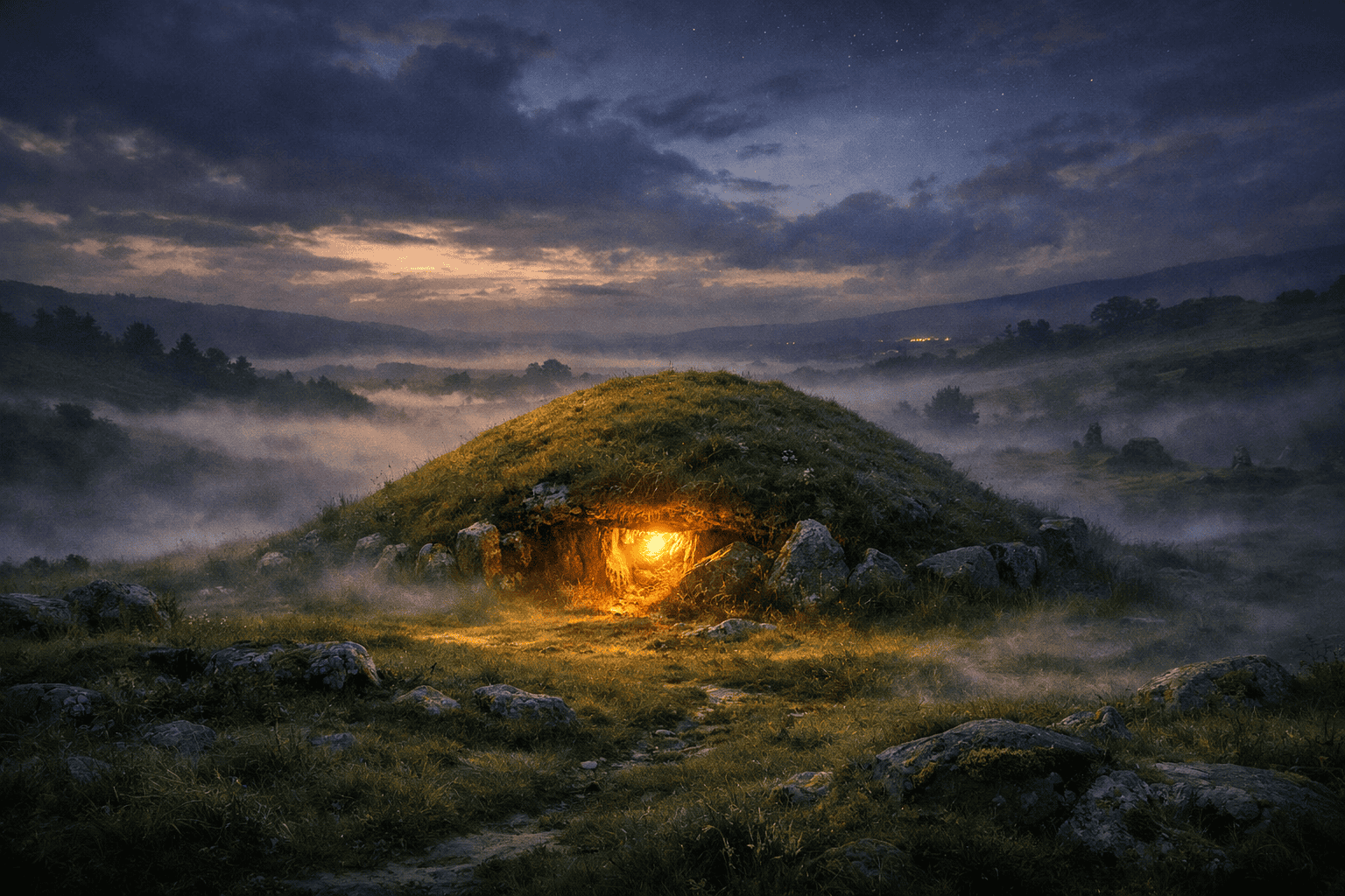 Fairy mound in Irish landscape representing the Aos Sí and the hidden Otherworld
