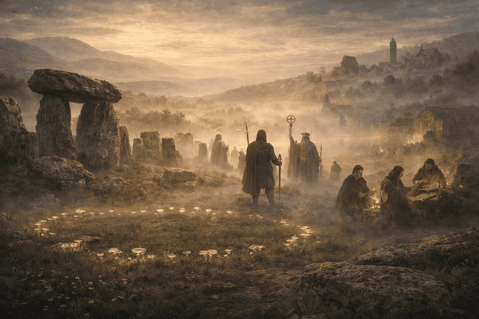 Layered Irish landscape showing evolution of mythology from ancient Celtic to medieval period