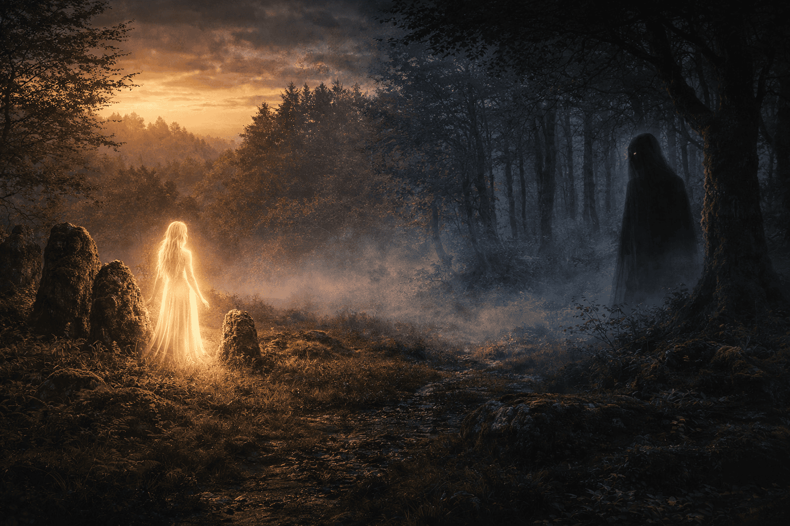 Light and shadow figures in Irish landscape symbolizing whether fairies are good or evil
