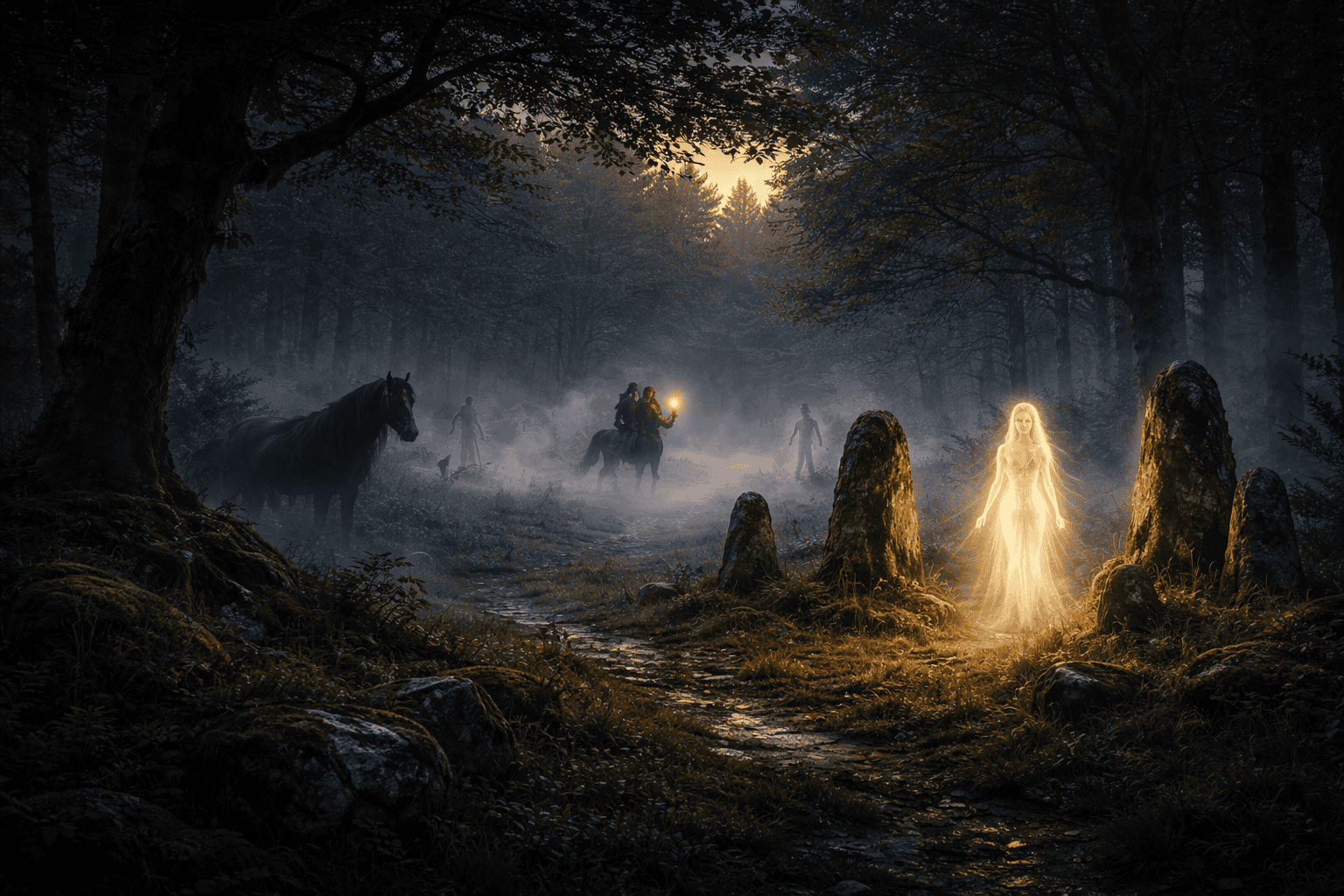 Ethereal figures in Irish forest representing different types of Irish fairies