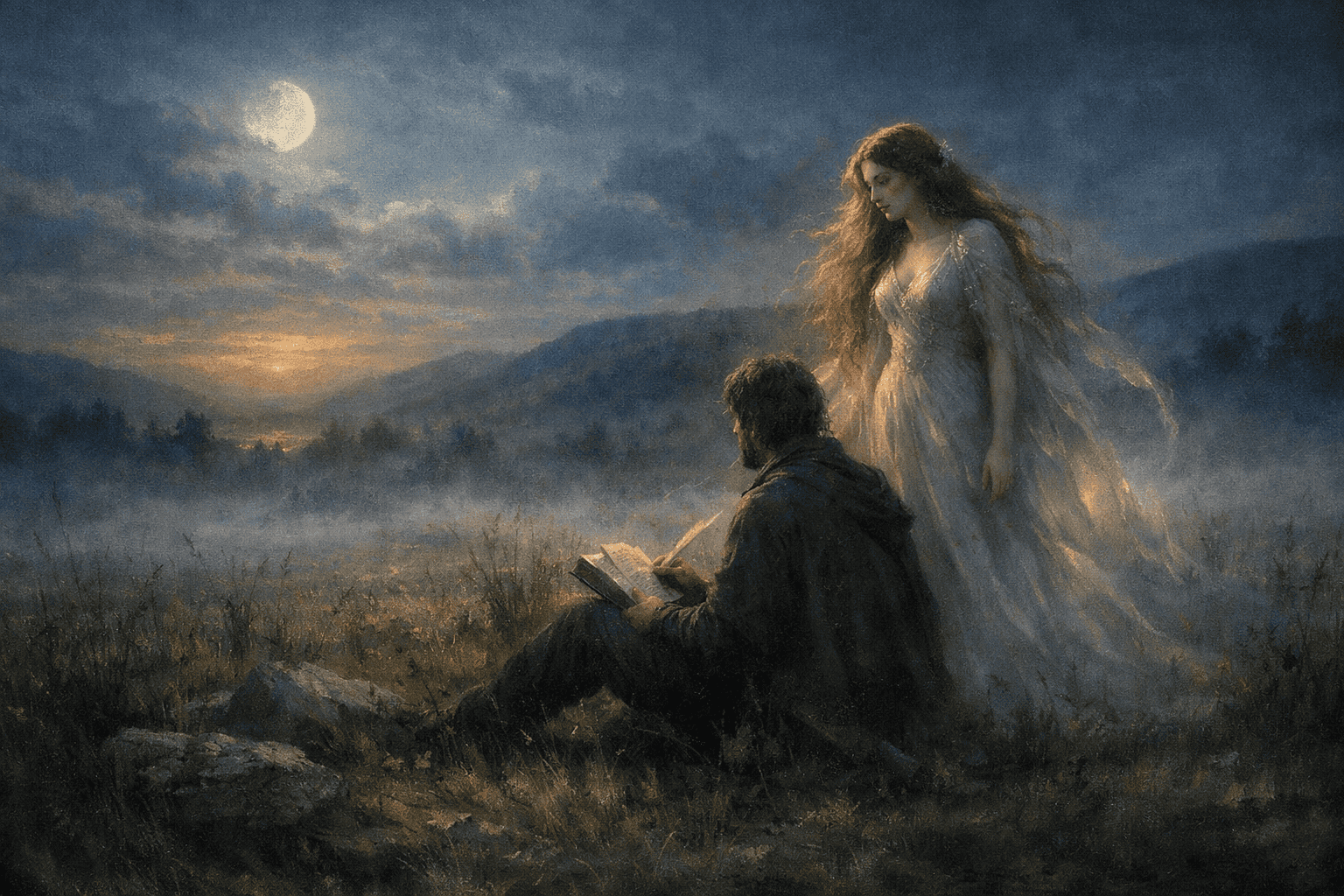 Ethereal fairy muse appearing beside a solitary poet in a misty Irish landscape at twilight.