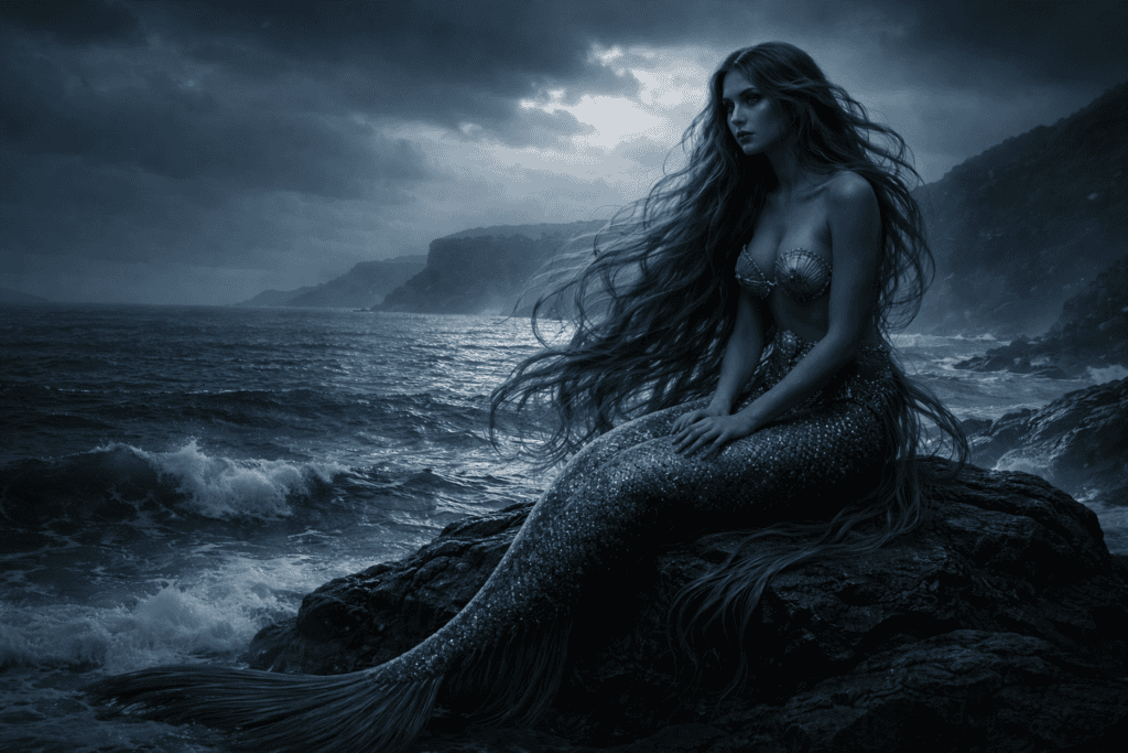 The merrow sea spirit sitting on a rock beside the Irish sea at twilight.
