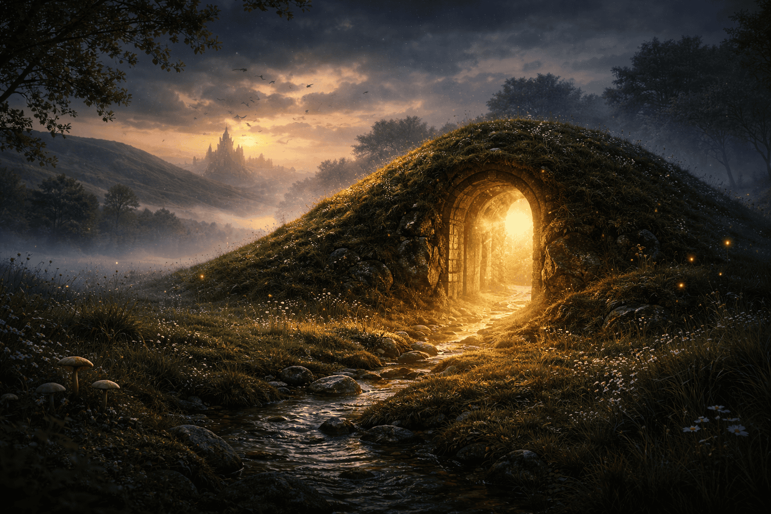 Entrance to the Otherworld glowing from a fairy mound in Ireland