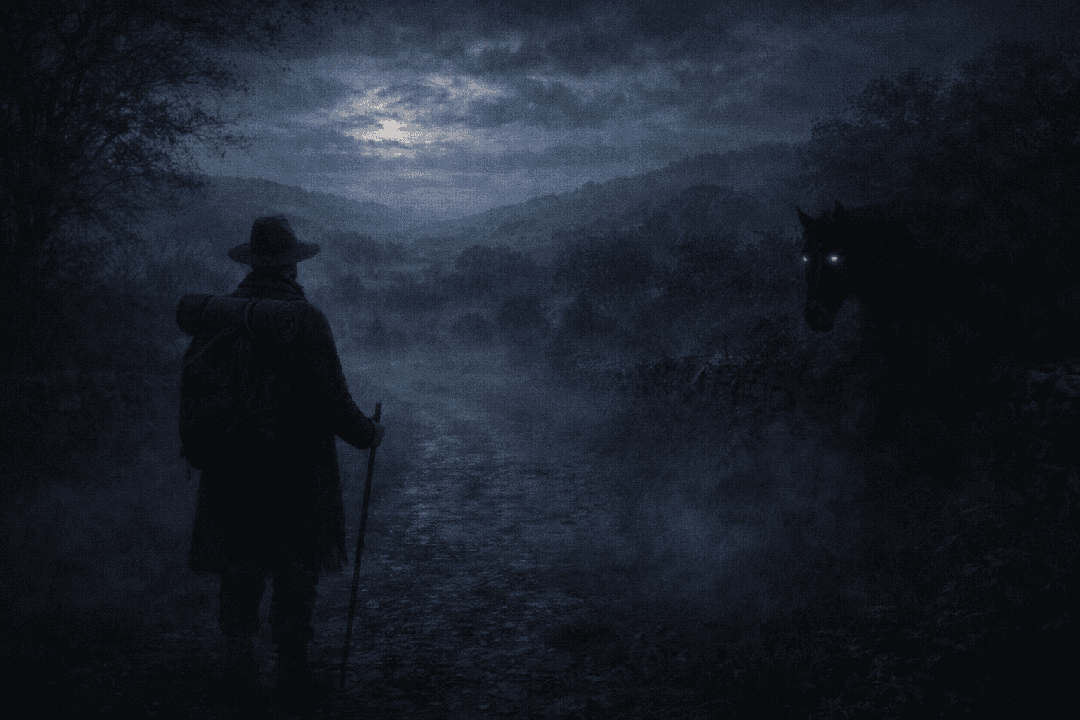Lone traveler encountering a shadowy púca on a misty Irish road at night