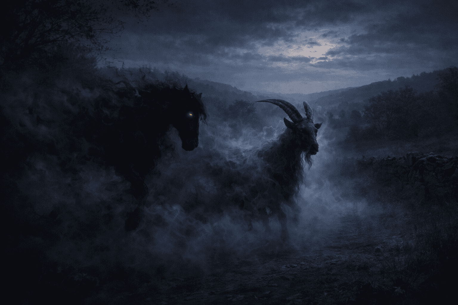Shapeshifting púca transforming between forms in Irish countryside at twilight