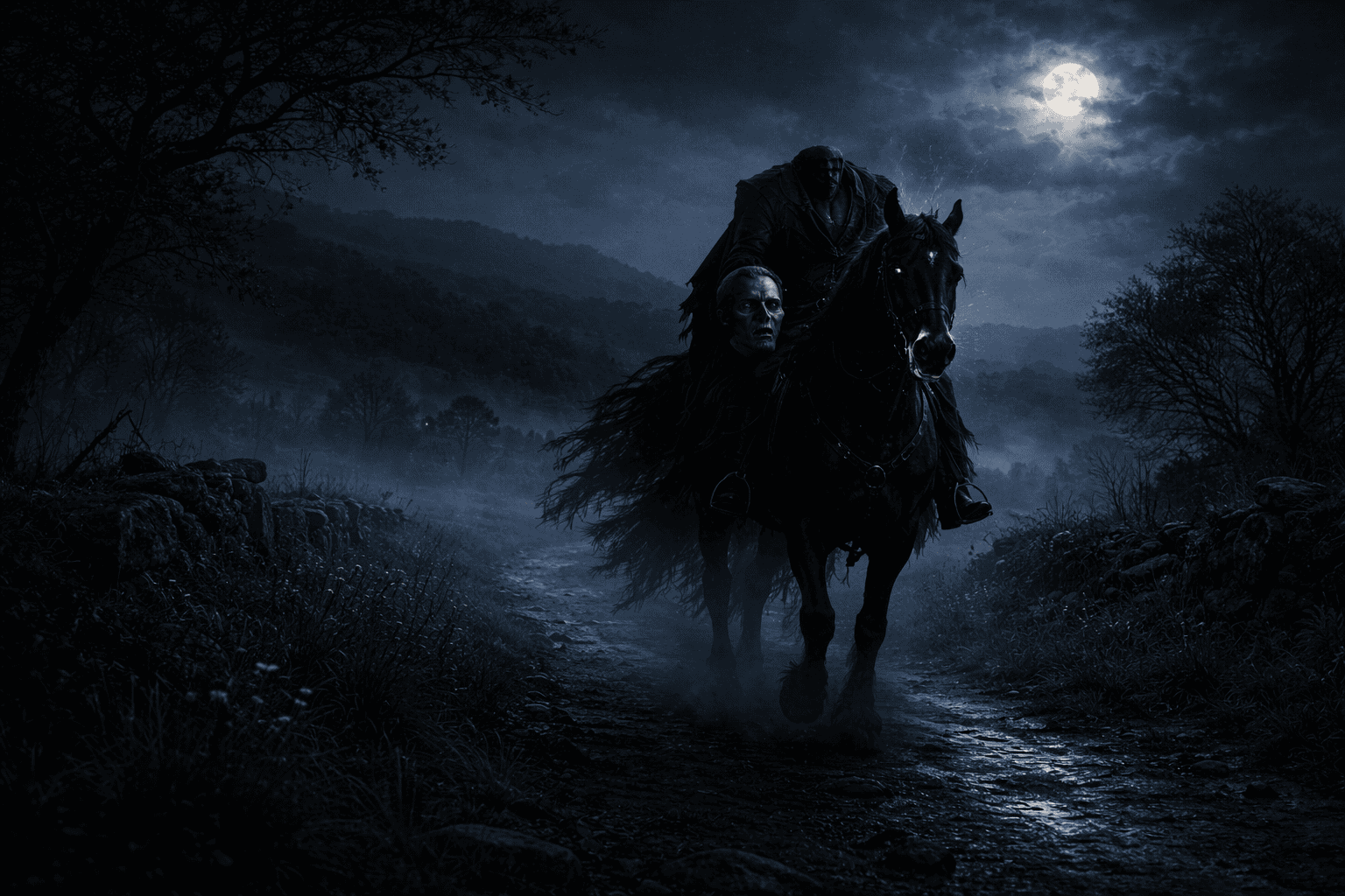 Headless Dullahan riding through misty Irish countryside at night
