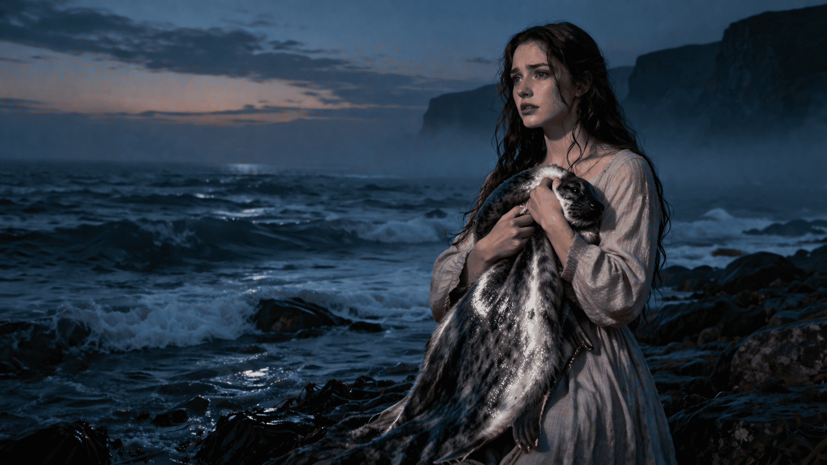 A selkie in human form holding her seal skin on a misty Irish shore at twilight.