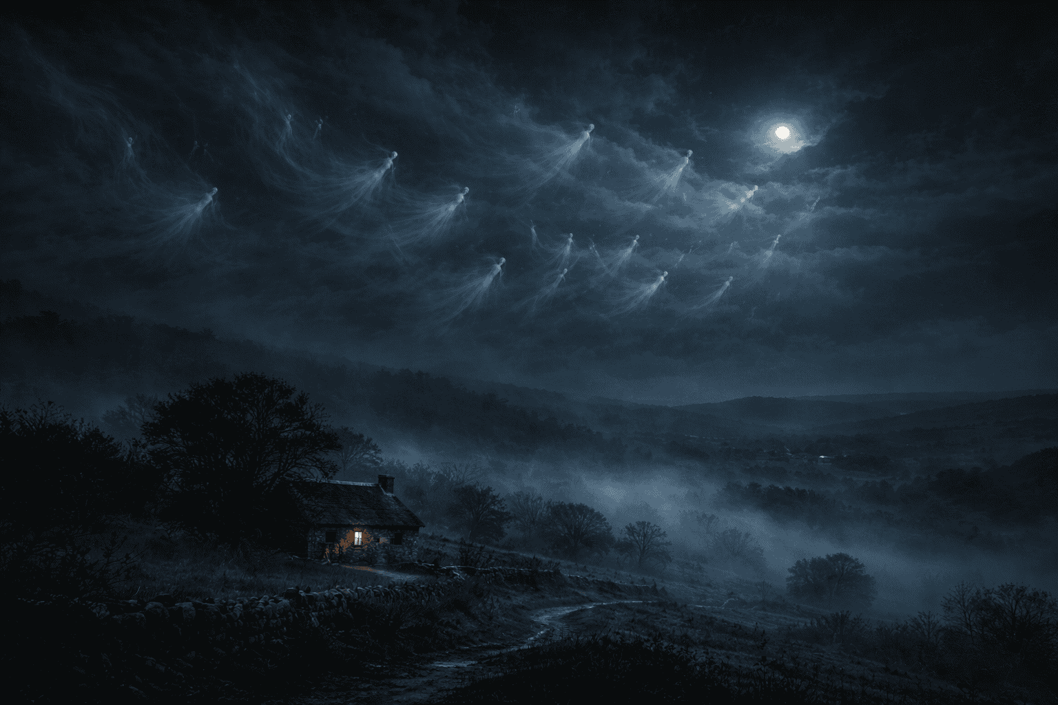 Ghostly Sluagh spirits moving across a dark Irish sky above a misty countryside at night.