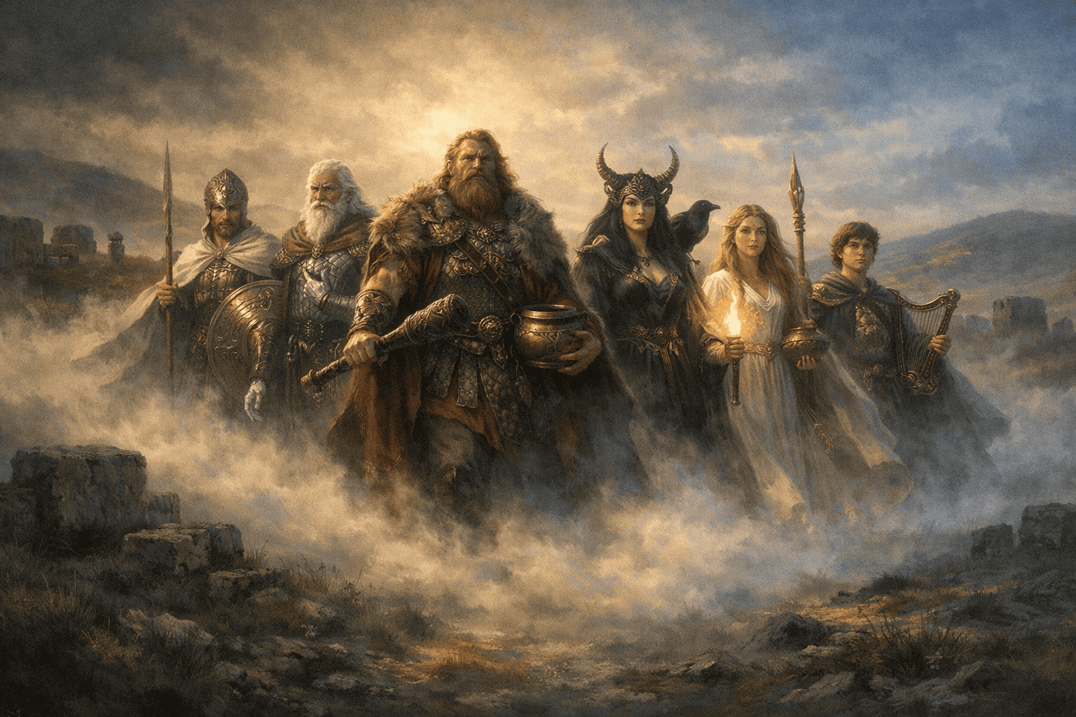 Tuatha Dé Danann emerging in ancient Ireland surrounded by mist and light