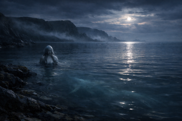 Irish coastal water at twilight with a faint supernatural figure beneath the surface representing water spirits in folklore
