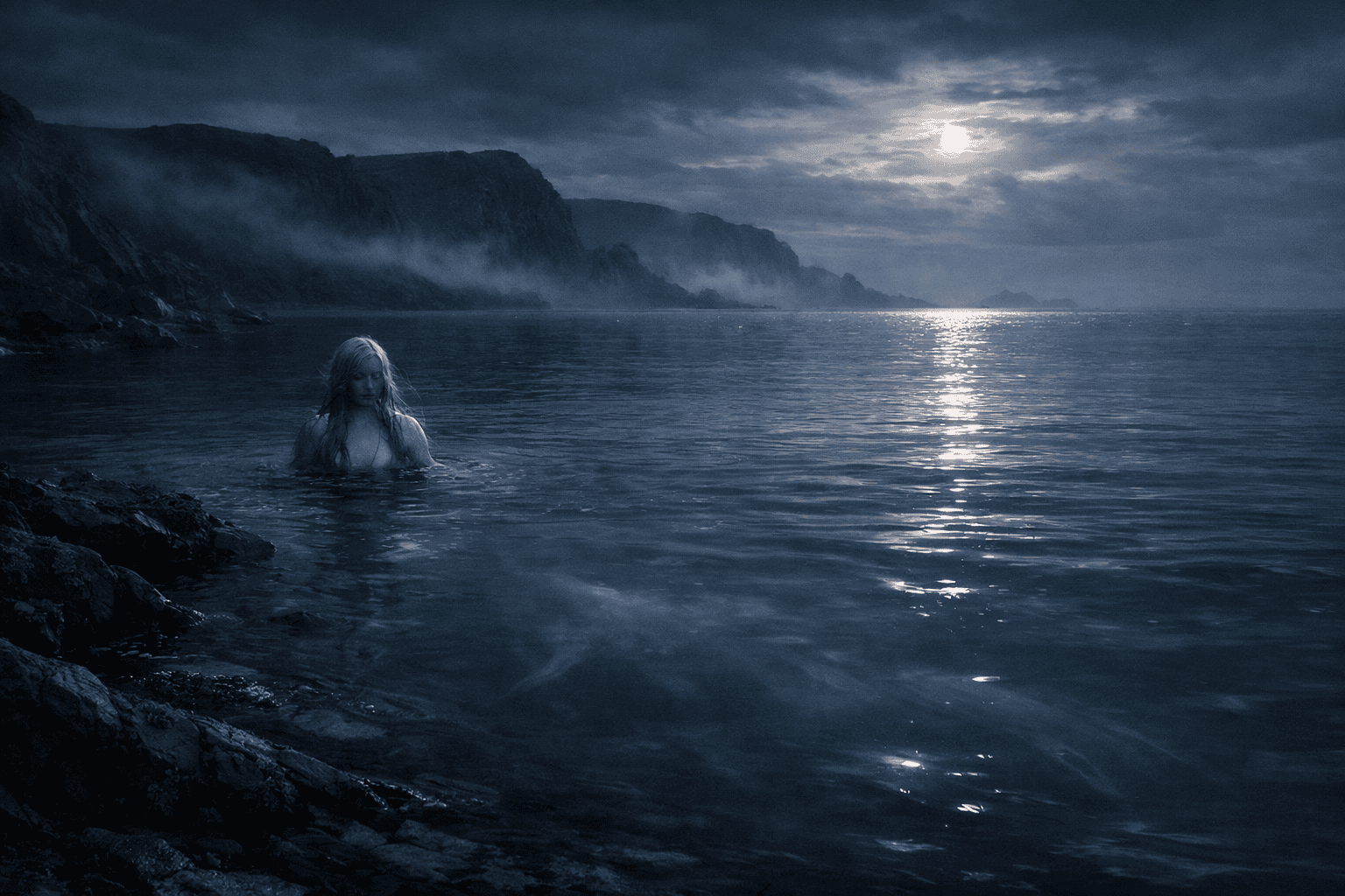 Irish coastal water at twilight with a faint supernatural figure beneath the surface representing water spirits in folklore