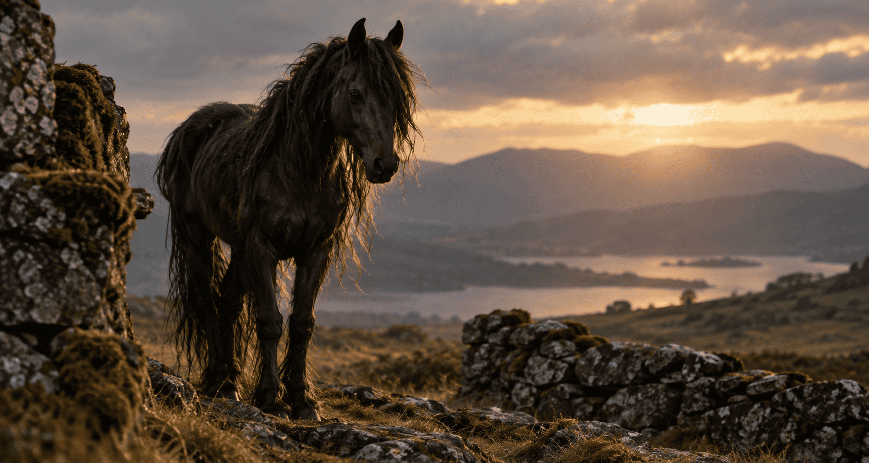 A shaggy black horse standing among old stone walls above a misty Irish lake at sunset.