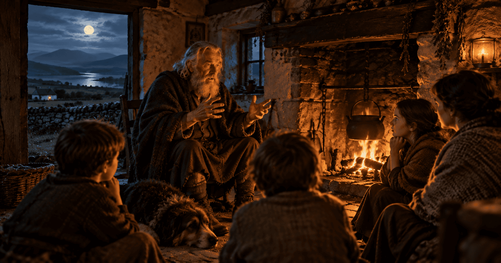 An elderly storyteller speaking to a family beside the hearth in a traditional Irish cottage at night.