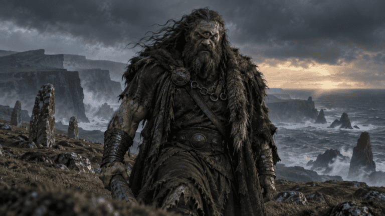 Balor stands on a stormy coastal hillside with a single large eye, dark clothing, and waves crashing against cliffs behind him.