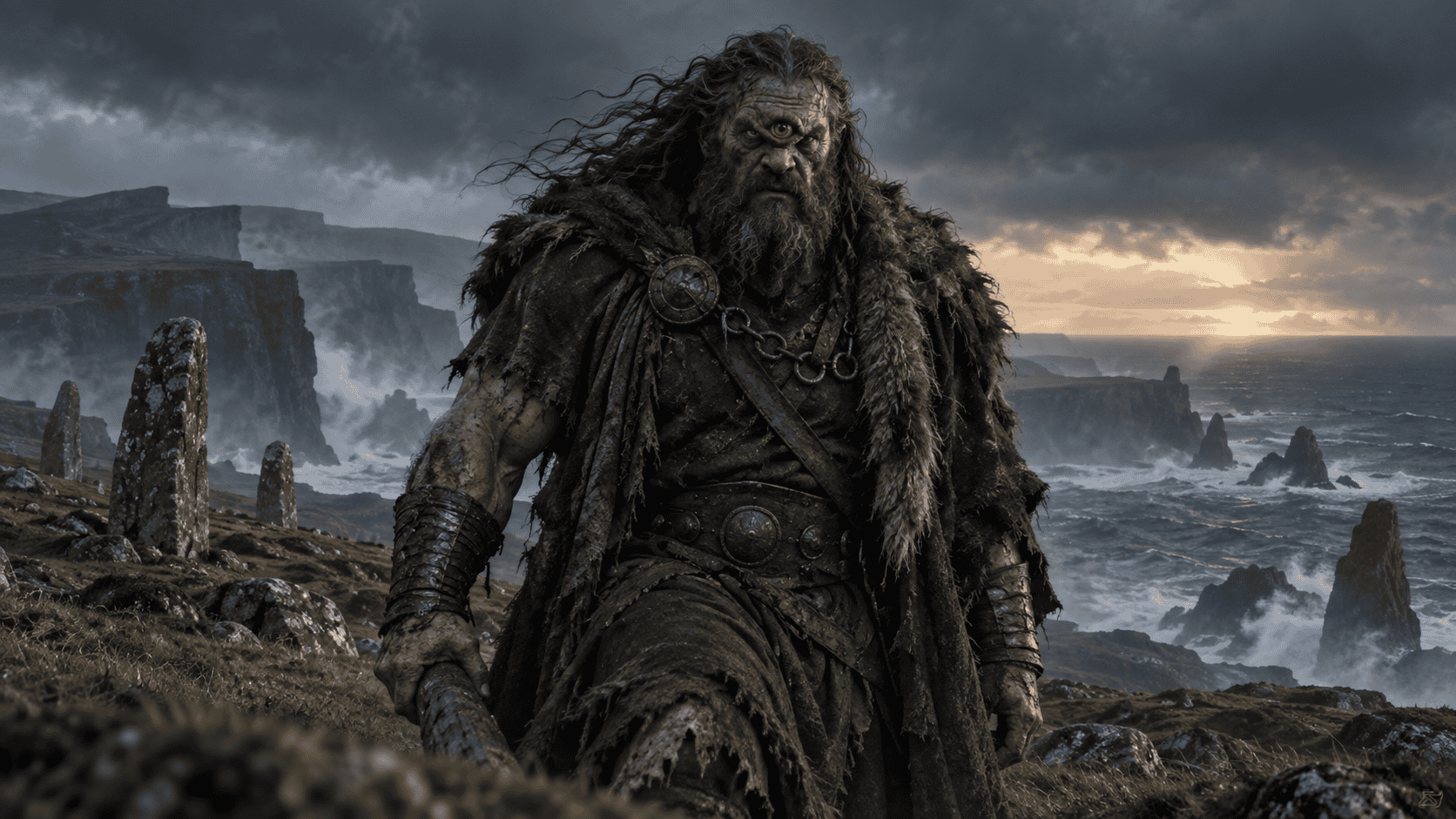 Balor stands on a stormy coastal hillside with a single large eye, dark clothing, and waves crashing against cliffs behind him.