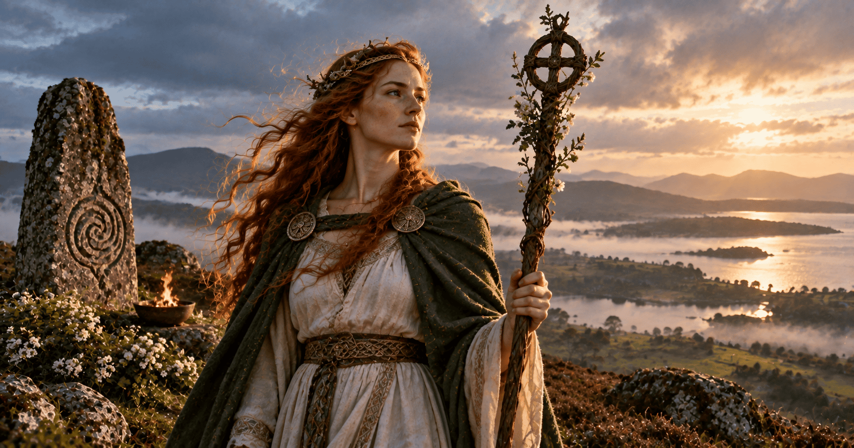 Brigid standing with a staff beside a small fire in a misty Irish landscape at sunrise.