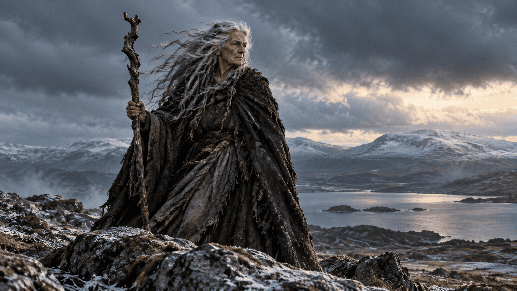 The Cailleach stands on a rocky winter hillside holding a wooden staff above a dark loch and snow-covered mountains.