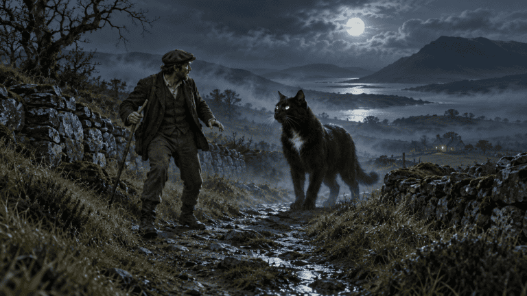 A man encountering a dog-sized black cat with a white chest on a moonlit Irish country path.