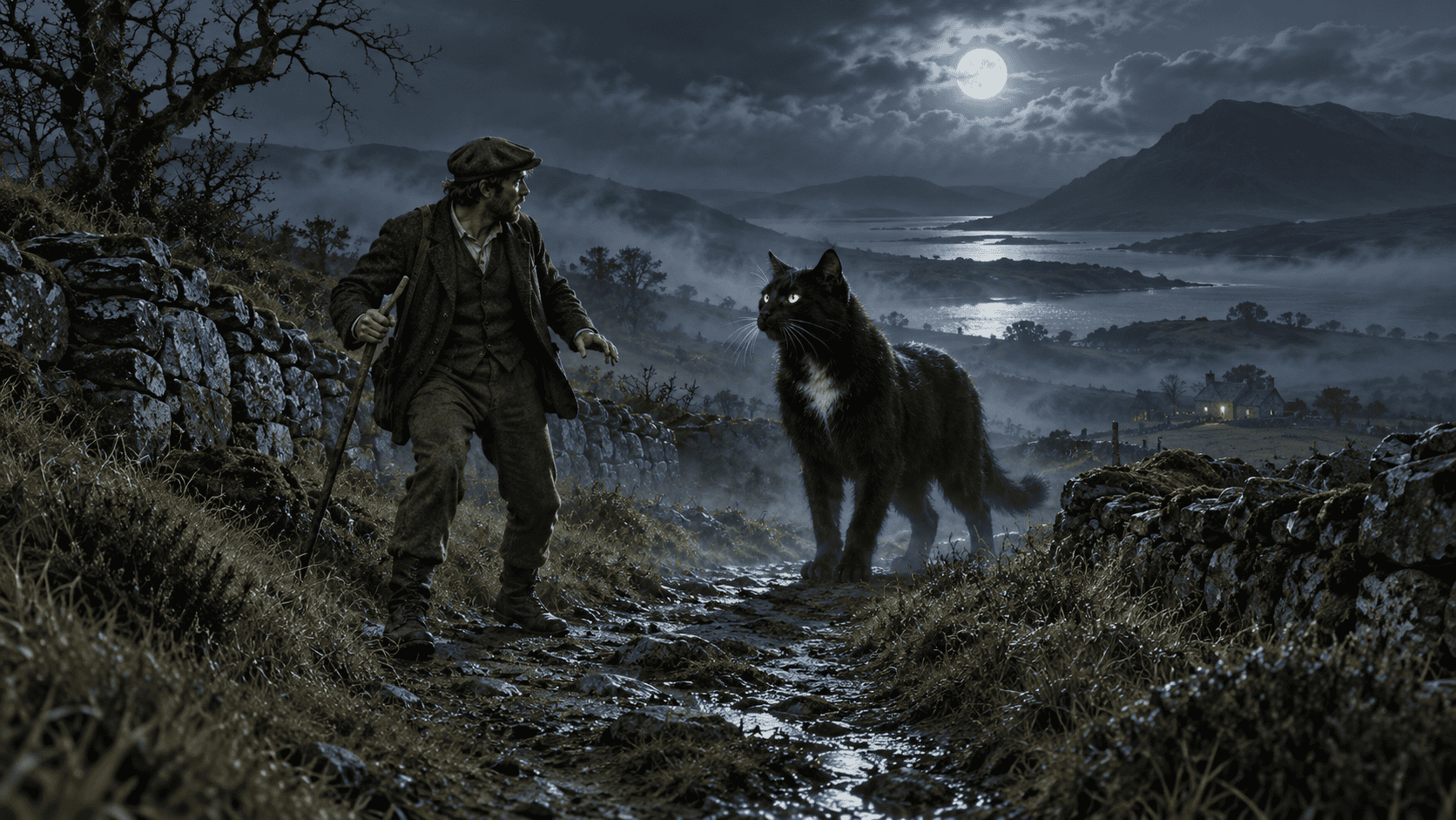 A man encountering a dog-sized black cat with a white chest on a moonlit Irish country path.