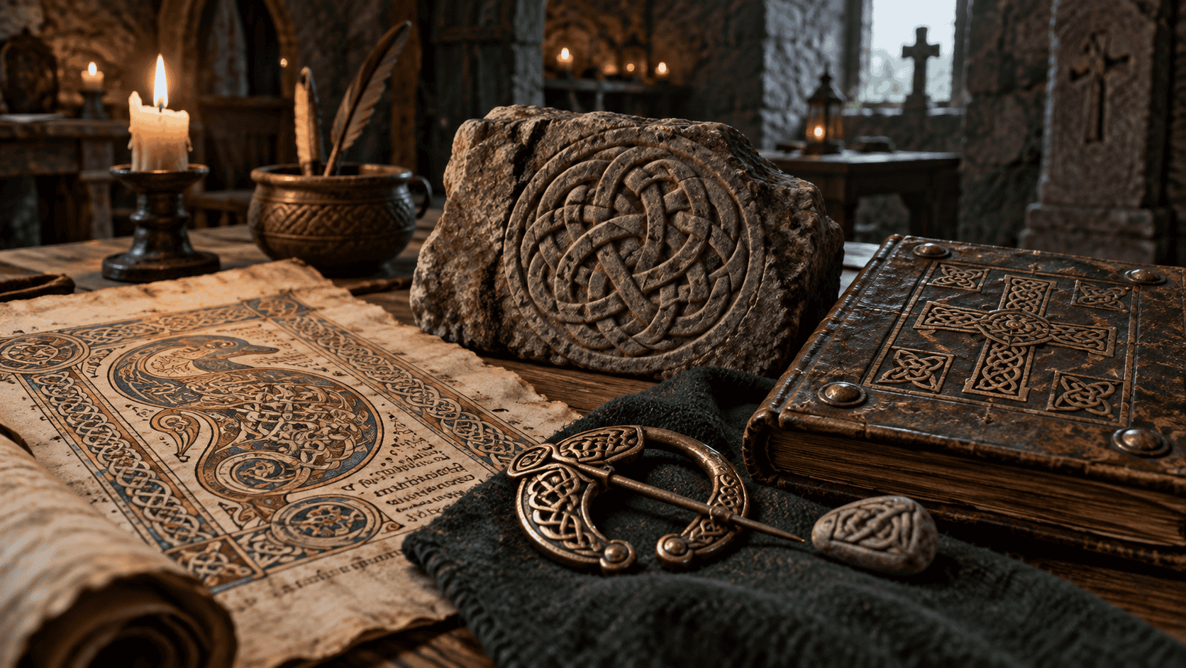 Examples of Celtic knotwork shown in carved stone, an illuminated manuscript, metalwork, and a decorated book.