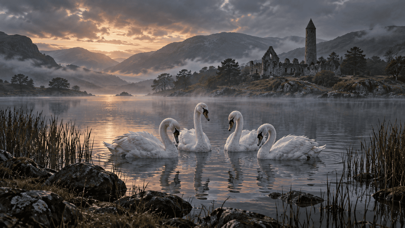 Four white swans swimming on a misty Irish lake beneath ruined stone buildings and a round tower.