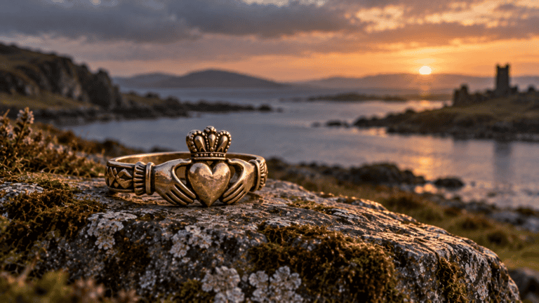 A Claddagh ring resting on a mossy stone overlooking the Irish coast at sunset.