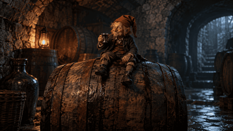 A six-inch clurichaun in a red nightcap sitting astride a large wooden barrel and holding a cup of port in a stone cellar.