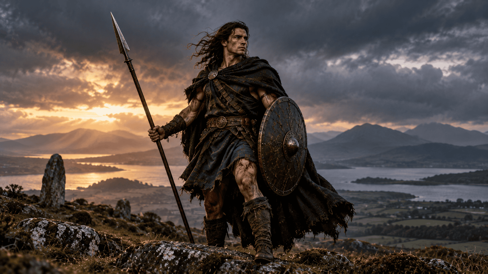 Cú Chulainn standing with a spear and round shield on a rocky Irish hillside at dusk.