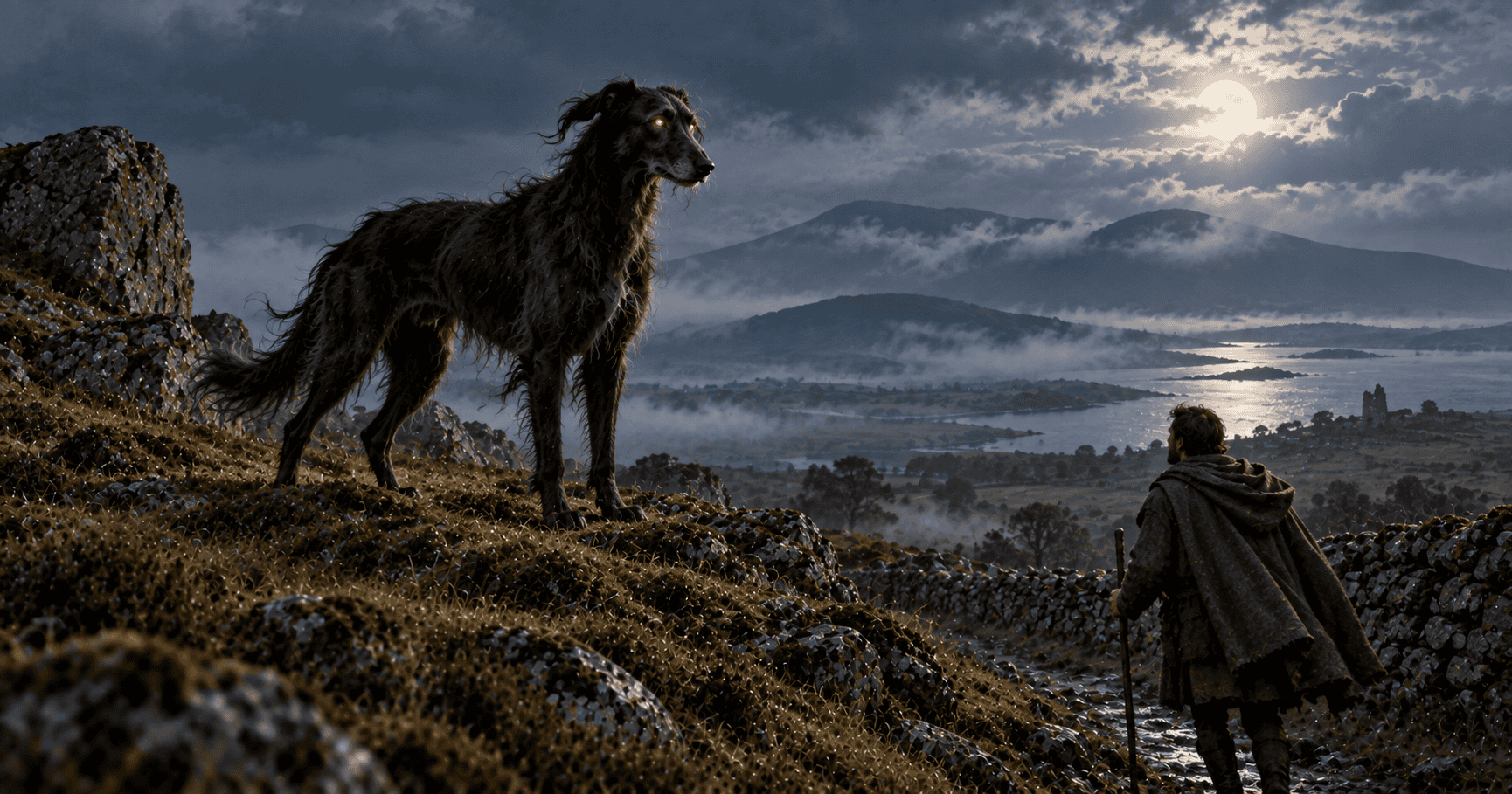 A large dark hound with glowing eyes facing a lone traveler on a moonlit Irish hillside.