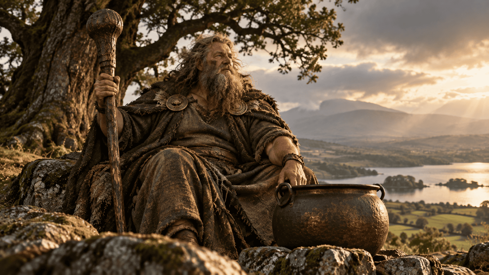 The Dagda sits beneath an ancient tree holding a great club beside a bronze cauldron overlooking an Irish lake and mountains.